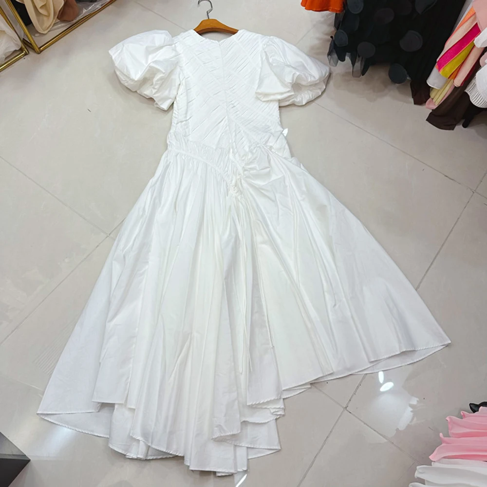 TWOTWINSTYLE tempérament robes solides pour les femmes col rond manches à bulles taille haute décont