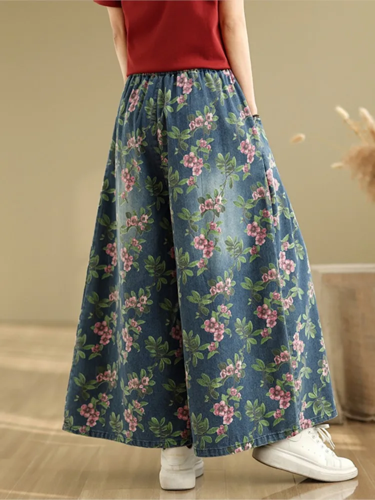 Jean surdimensionné printemps été fleur imprimé fleuri pantalon femmes jambe large Denim ample mode