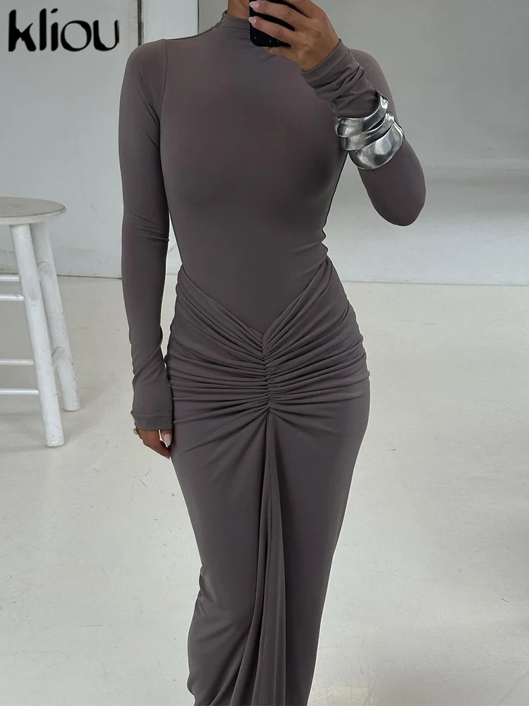 Kliou froncé femmes classique Robe Maxi automne nouveau solide à manches longues col haut moulage du