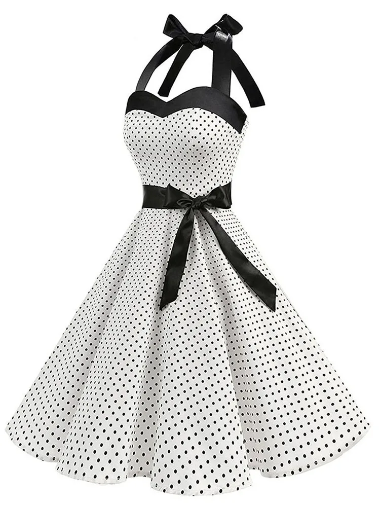 Femmes à pois imprimé Robe d'été Sexy rétro blanc licou Robe Vintage Robe Femme Pin Up Rockabilly Ro