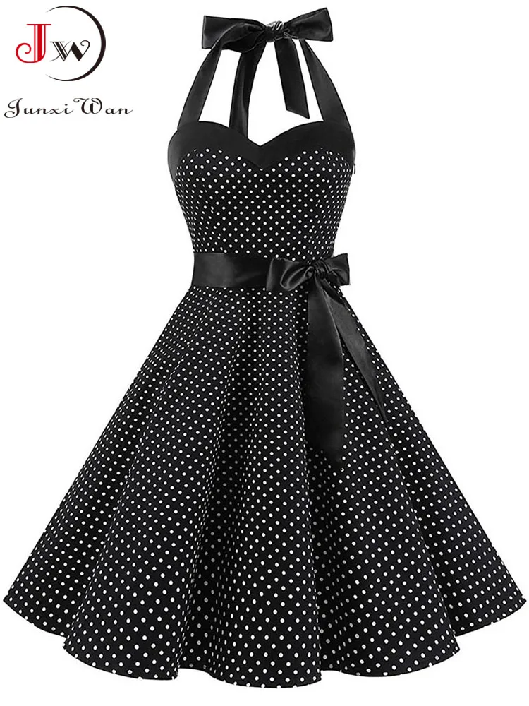 Femmes à pois imprimé Robe d'été Sexy rétro blanc licou Robe Vintage Robe Femme Pin Up Rockabilly Ro