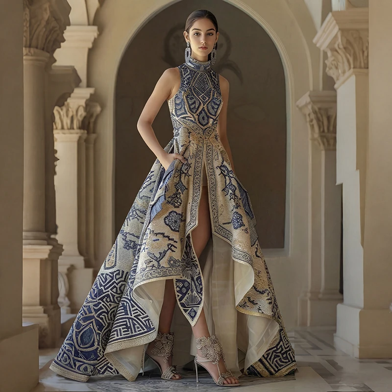 Robe de soirée élégante européenne pour femme, asymétrique, avec poches, imprimé floral, sans manche