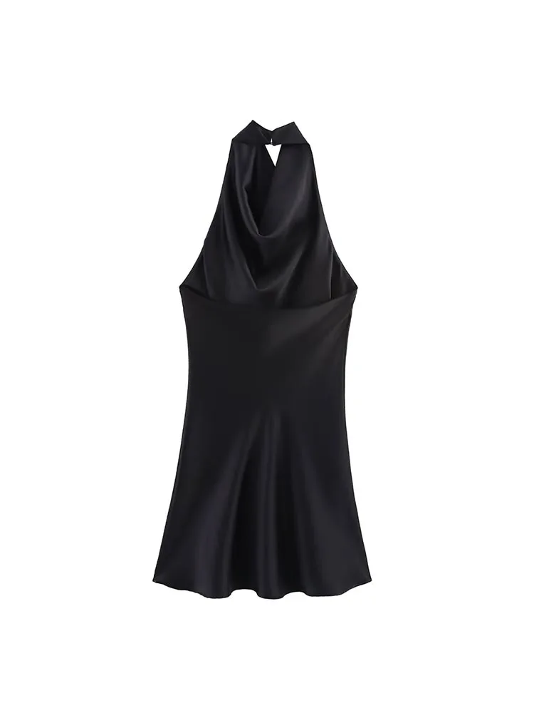 Robe Courte Halter Élégante en Satin pour Femme – Collection Été 2026 – Sexy, Dos Nu, Couleur Unie –