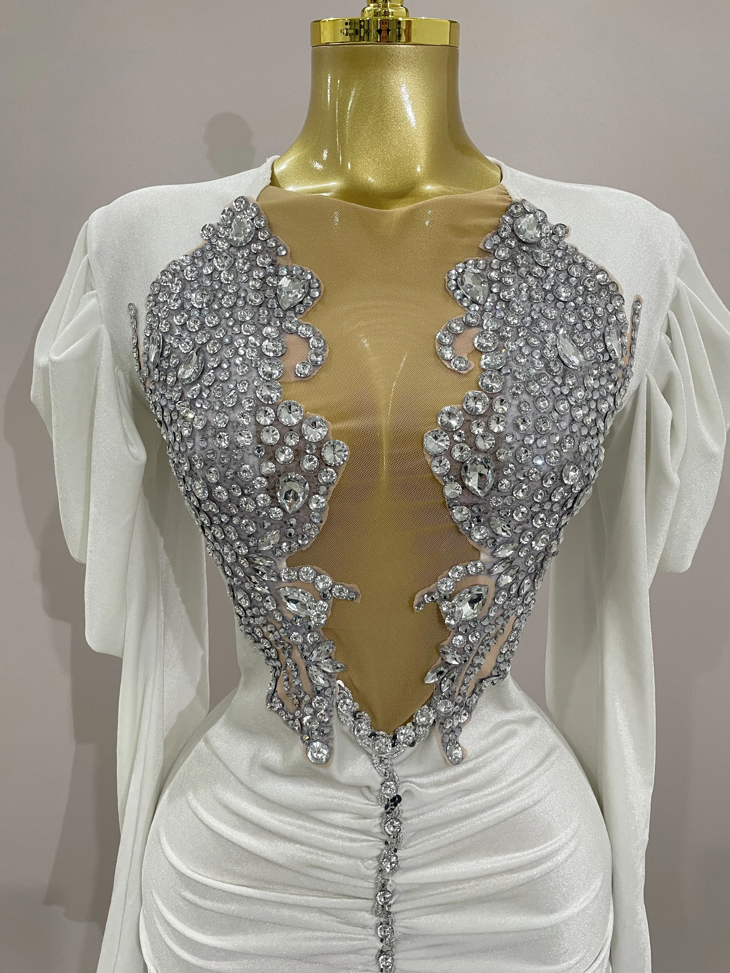Robe courte de luxe en velours blanc pour femmes, cristaux scintillants, maille Sexy, élégante, robe