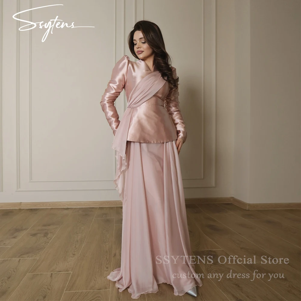 SSYTENS Satin mousseline De soie robes De Soirée saoudiennes pour les femmes col en V une ligne Robe