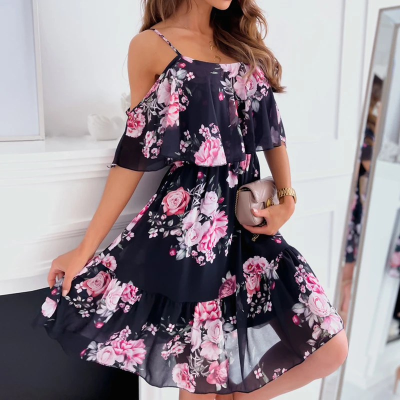 Robe en mousseline de soie à imprimé floral pour femmes, robe d'été sexy à bretelles, robe d'été élé