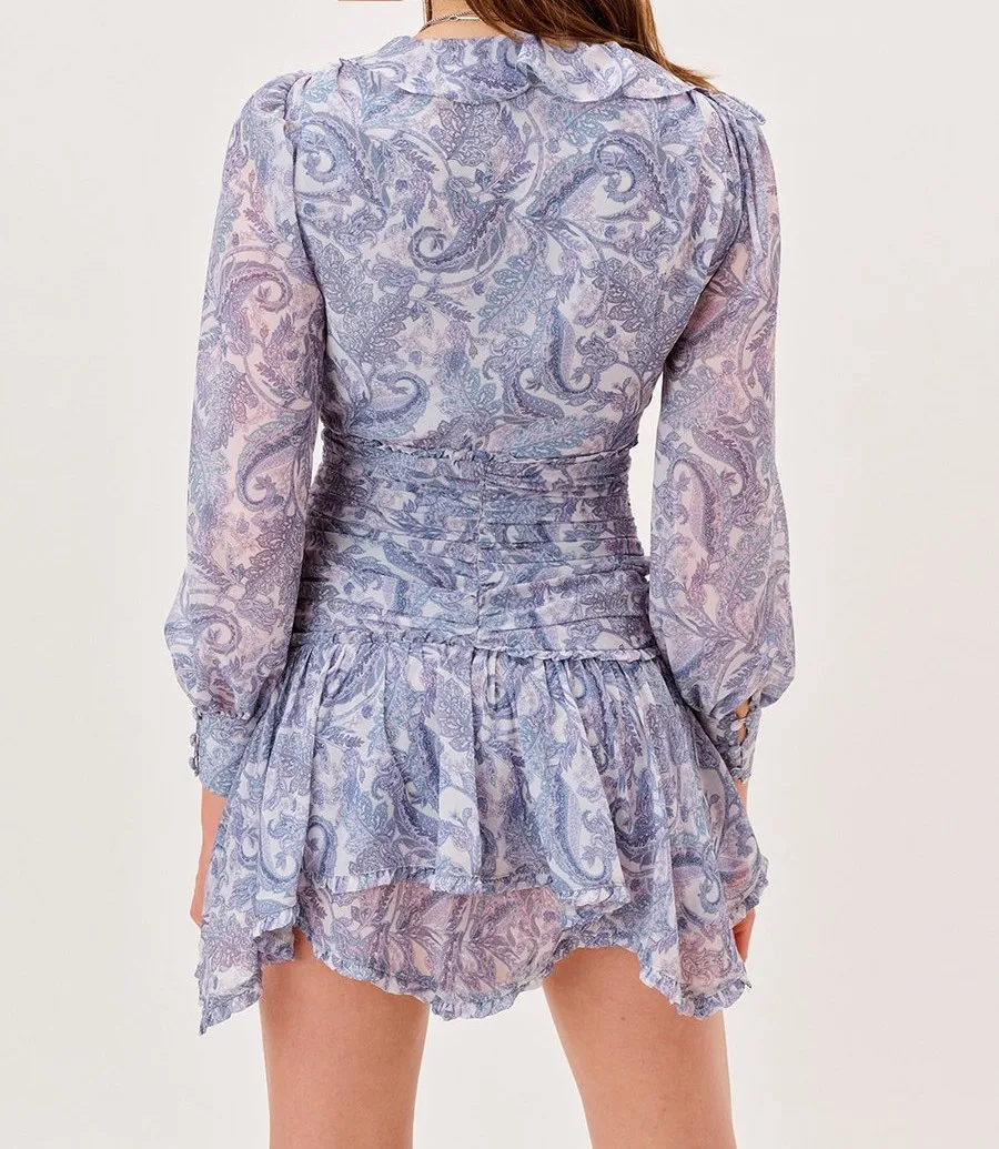 Mini Robe en mousseline de soie à imprimé Floral bleu pour femmes, 2022, oreilles en bois, volants,