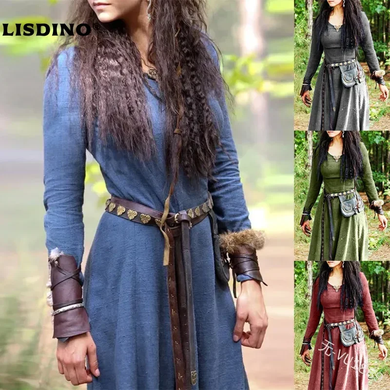 LisdinoMedieval Robe femmes à manches longues Maxi Robe Vintage fée elfique Robe Renaissance celtiqu