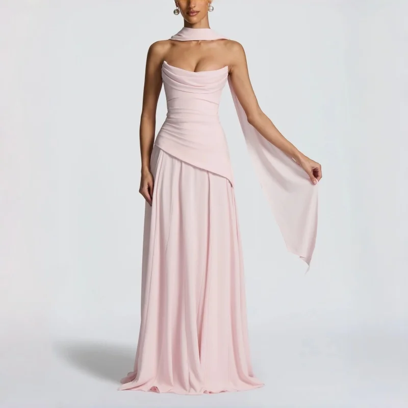 Robe de soirée rose poudré pour femme, col bénitier, dos froncé, à lacets, sans manches, élégante, p