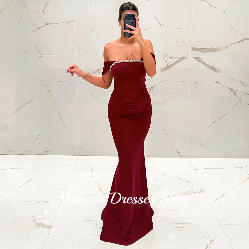 Robe de soirée sirène bordeaux Vanessa à épaules dénudées, personnalisée, en jersey, avec cristaux, 