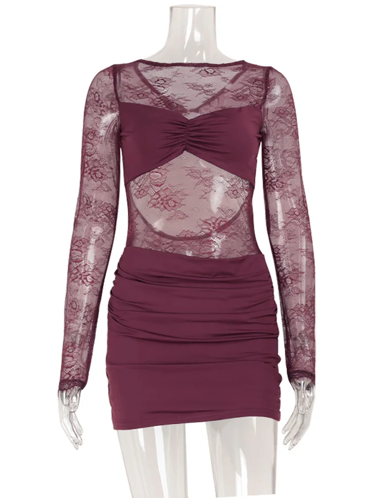 CNYISHE dentelle Patchwork dos nu col rond femmes robes mode pure à manches longues gaine tenues évi