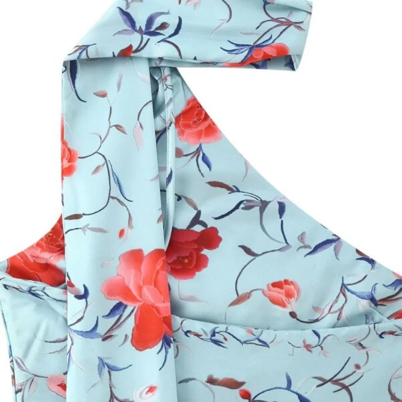 Robe longue de soirée asymétrique à imprimé floral en satin pour femme, col halter, bordure à frange