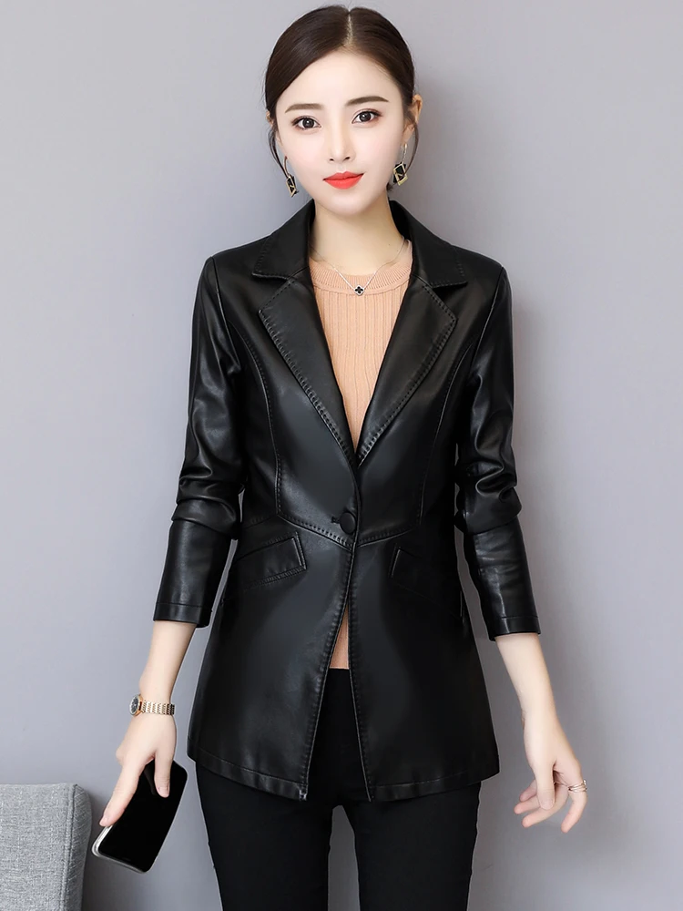 Nouveau Femmes Veste en cuir Automne Hiver Mode Classique Bouton unique Slim Blazer en cuir de mouto