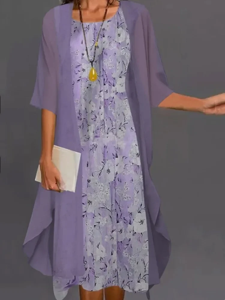 Robe d'été en mousseline de soie pour femmes, sans manches, col rond, imprimé, ample, pour soirée +
