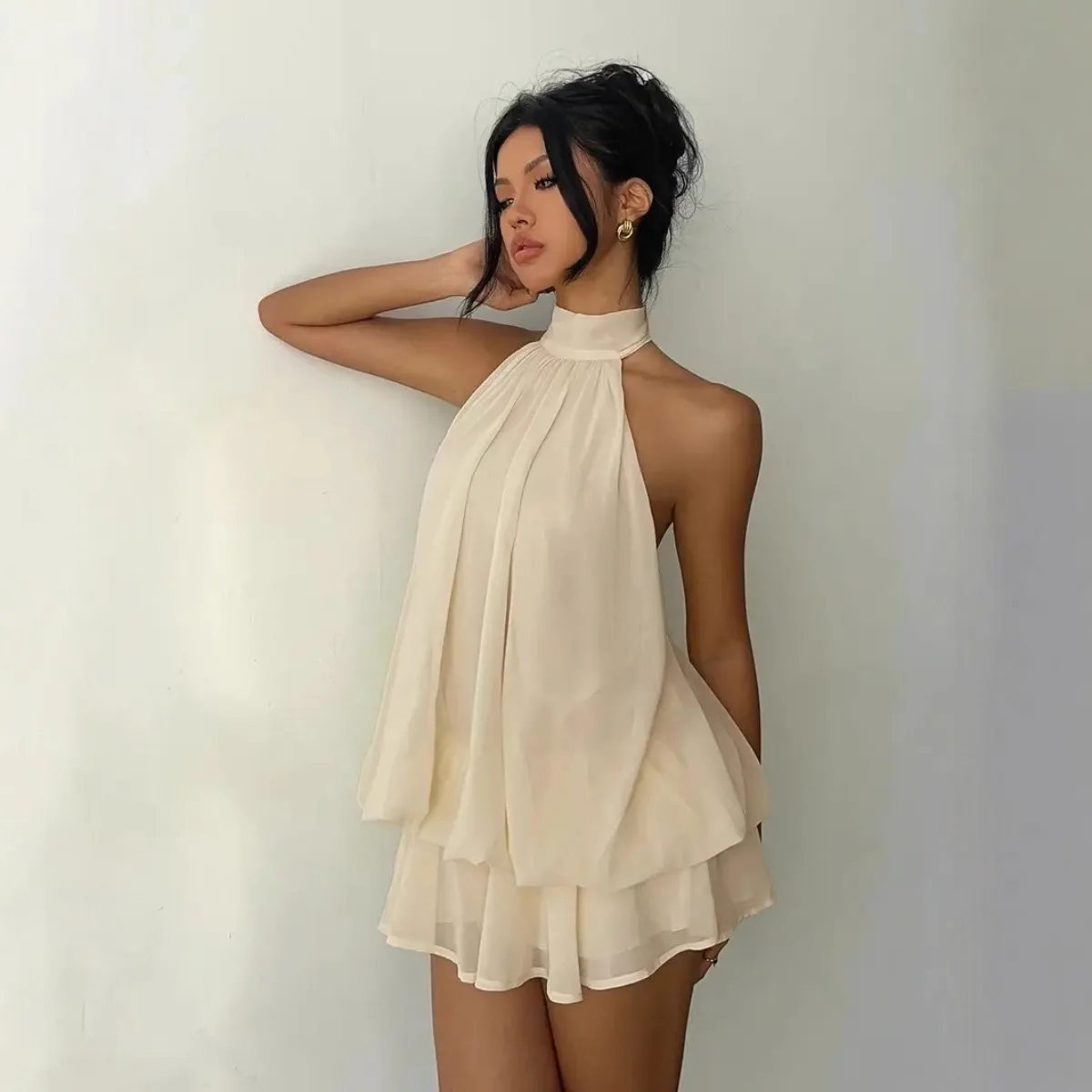Robe licou pour femme, dos nu, en mousseline transparente, mini-jupe à nouer devant, robe de soirée