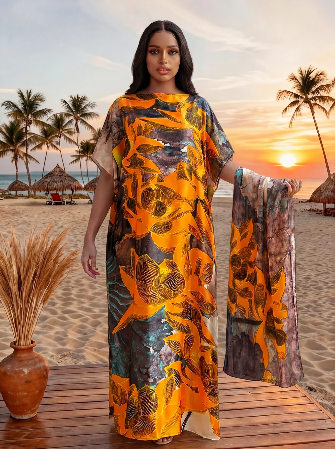Robe d'été imprimée tendance avec grand foulard, Kaftan Dubaï Turquie, Abaya ample musulmane, Robe d