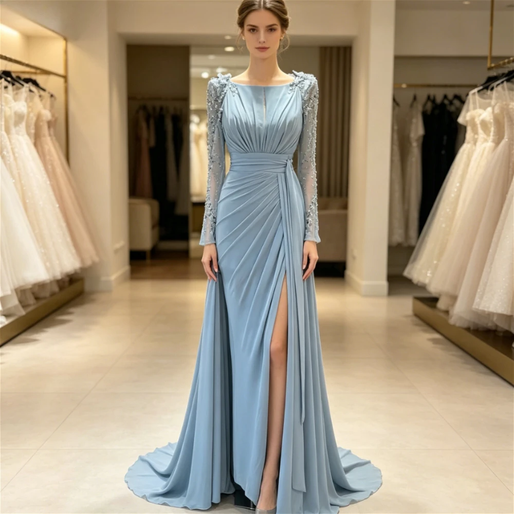 Robe de Soirée Longue en Mousseline Bleu Ciel Clair pour Mère de la Mariée, Élégante, à Manches Long