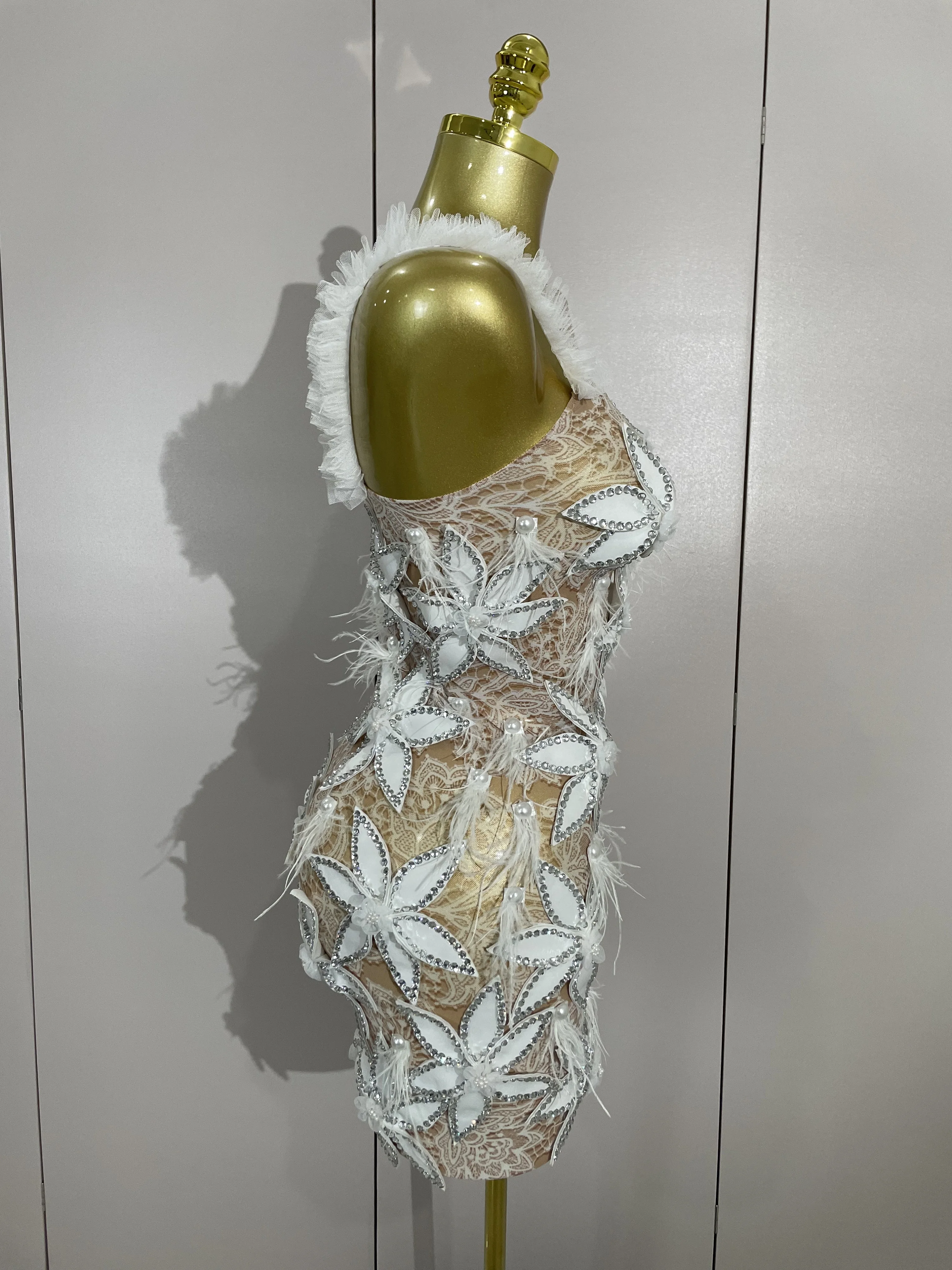 Sexy brillant diamant fleurs plumes blanc Transparent Slip robe courte soirée bal célébrer anniversa