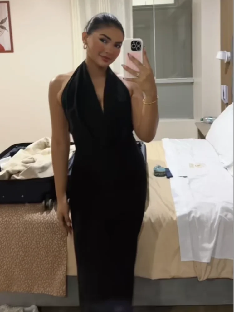 Robe Sexy à Col Halter Plongeant et Drapé, Dos Nu, Sans Manches, Coupe Ajustée, Robe de Soirée Pliss
