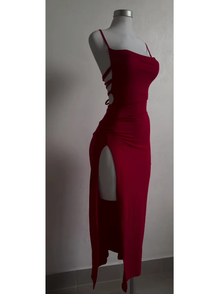 Robe longue à lacets, dos nu, Sexy, fendue, sans manches, moulante, fête, Club, Robes de soirée, rue