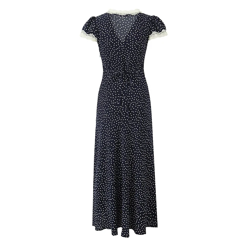 YENKYE-Robe longue bleu marine à pois pour femmes, bordure en dentelle, col en V, manches courtes, l