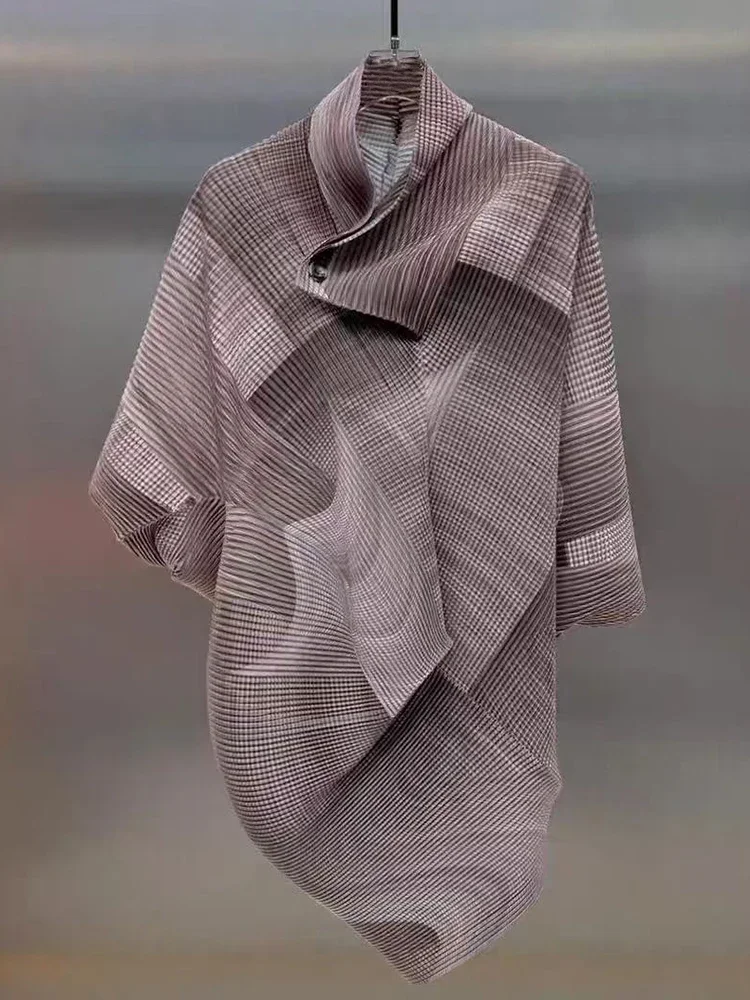 YUDX plissé couleur bloc irrégulier t-shirt femmes revers manches chauve-souris ample mode Chic Styl