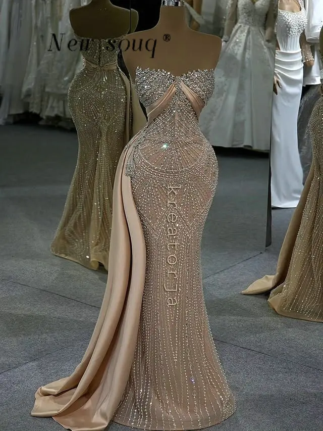 Robes de bal longues élégantes couleur champagne 2026, ornées de cristaux, style sirène, pour invité