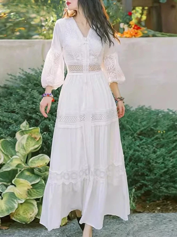 Robe de plage blanche bohème pour femme, robes de soirée élégantes, col en V, sexy, évider, taille h