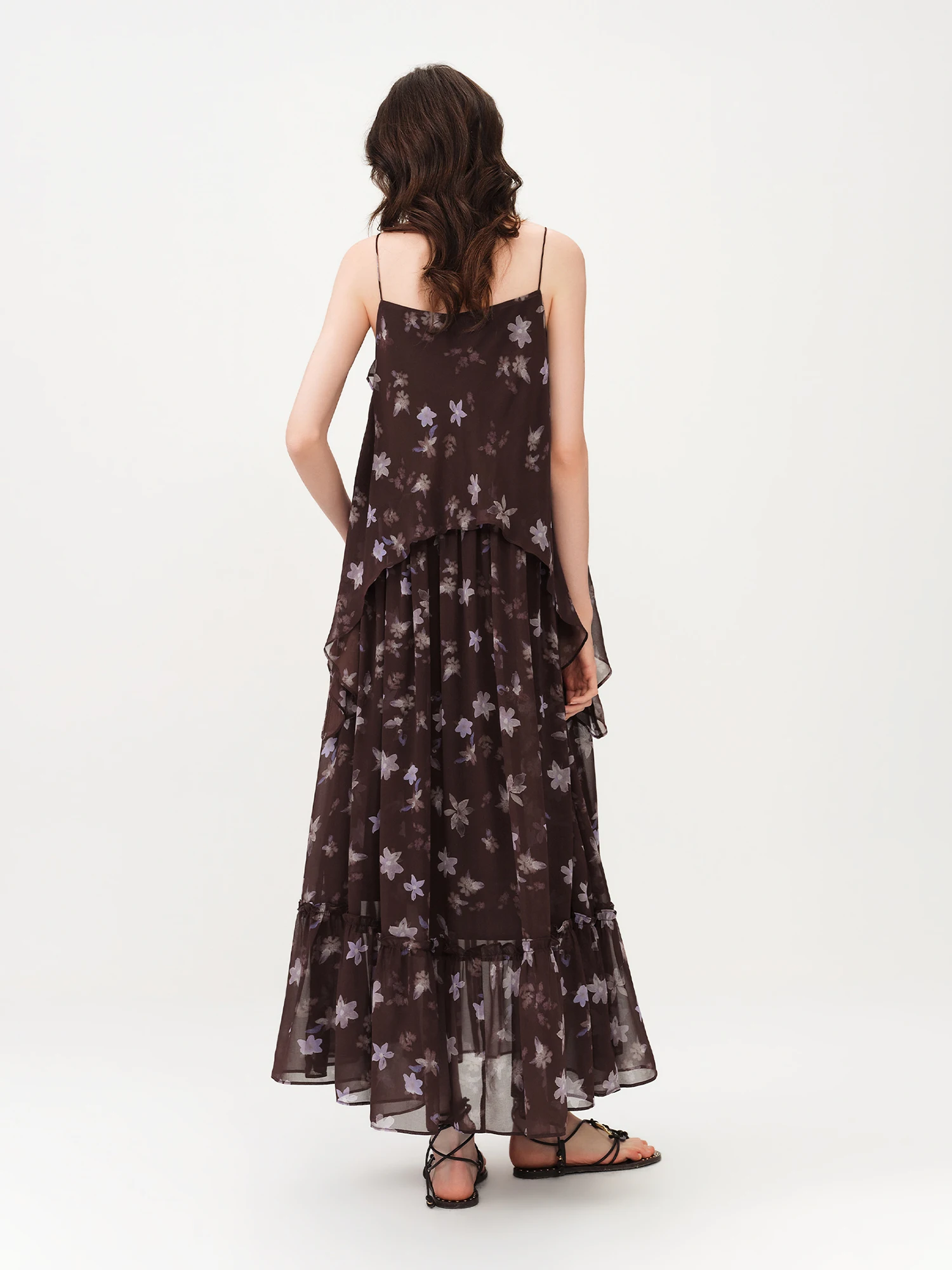 Robe longue à volants style halter FSLE, imprimé floral café et violet, nouvelle collection Printemp