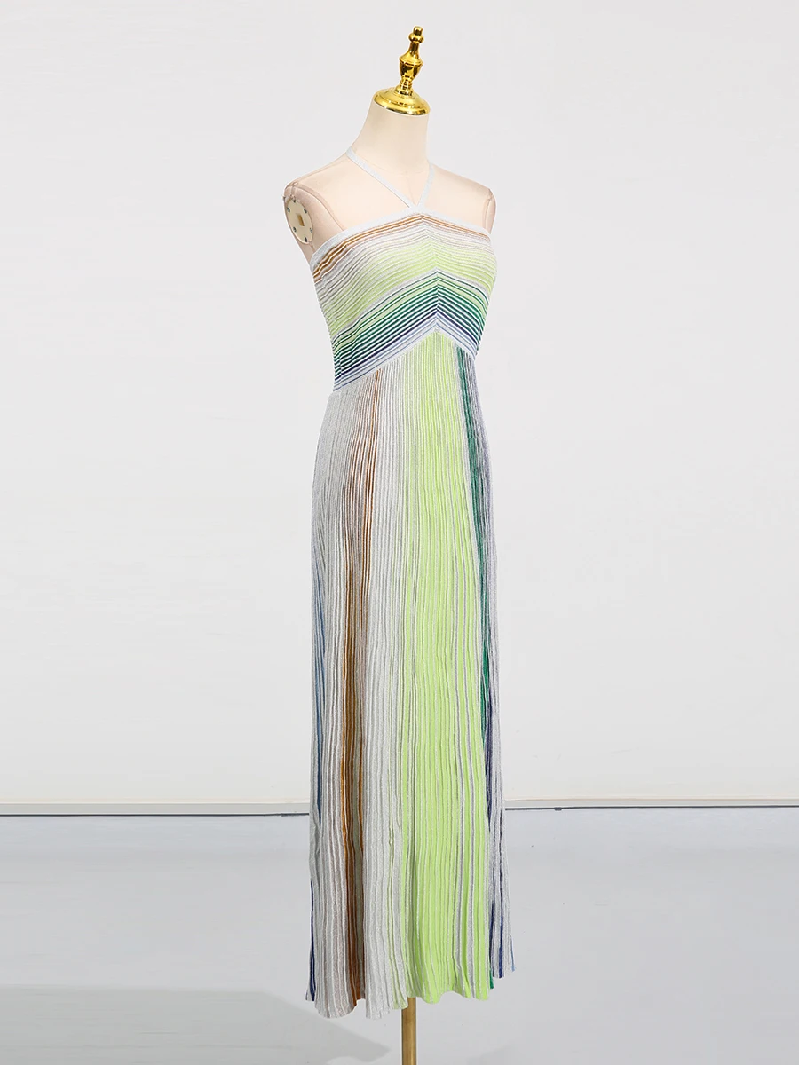 Robe longue de fête VGH à rayures colorées pour femme, dos nu, taille haute, sans manches, coupe aju