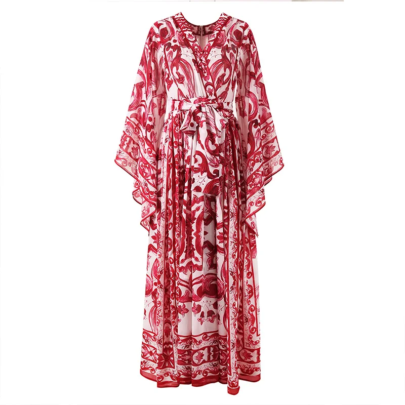 Robe de vacances à imprimé de porcelaine rouge bleu et blanc pour femmes, robe longue d'été, robe bo