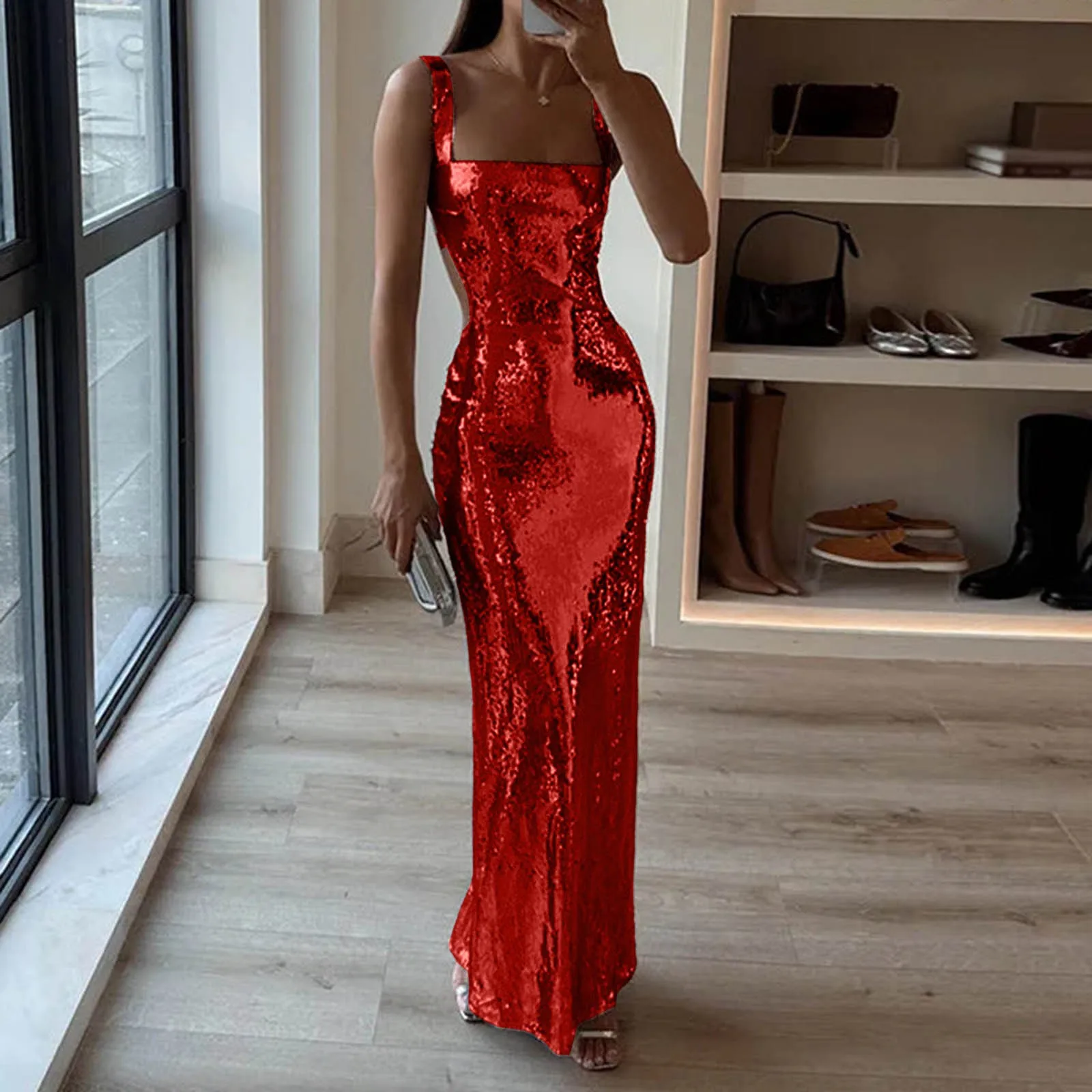 Robes de Cocktail pour femmes Sexy paillettes moulante robe Maxi dos nu sans manches robe à bretelle