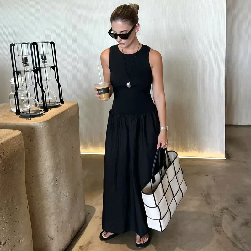 HXAO femmes robes longues noires 2025 printemps sans manches robes élégantes mode décontracté Vintag