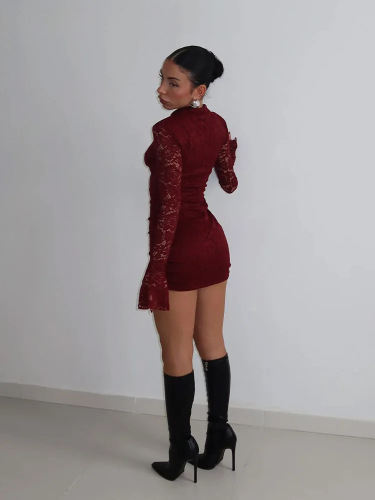 Ahagaga Sexy dentelle femmes Mini robes solide pure évider col roulé manches longues évasées gaine m