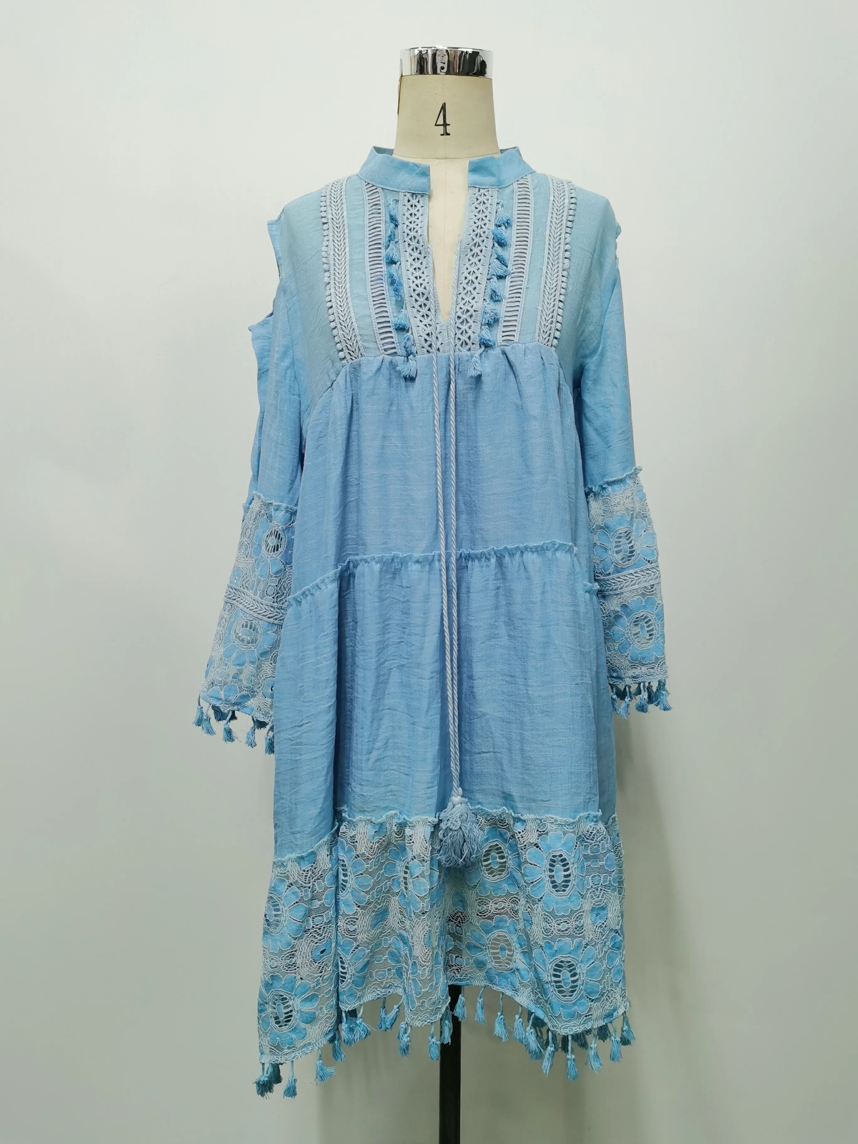 Mini robe en dentelle style bohème pour femmes, col en V, manches longues, courte, gland, adt décont