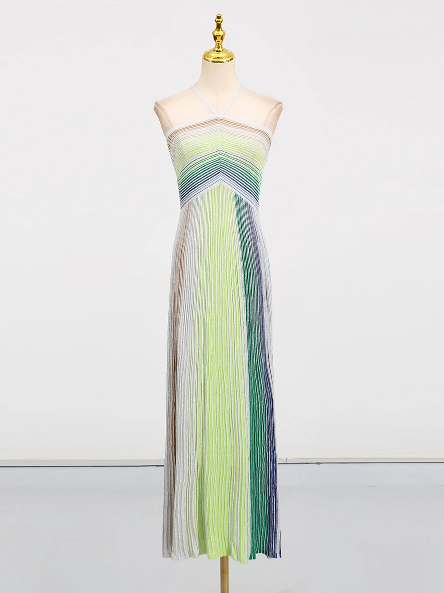 Robe longue de fête VGH à rayures colorées pour femme, dos nu, taille haute, sans manches, coupe aju