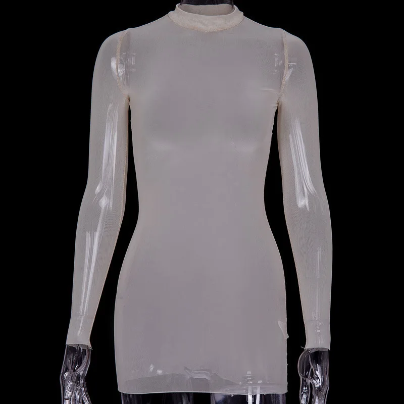Robe en maille transparente sexy pour femme, printemps automne, à manches longues, moulante, mini, s