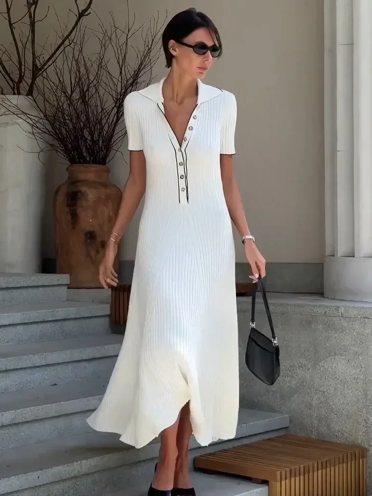Tossy blanc tricot mode robe Maxi pour les femmes à manches courtes Patchwork robe de soirée élégant