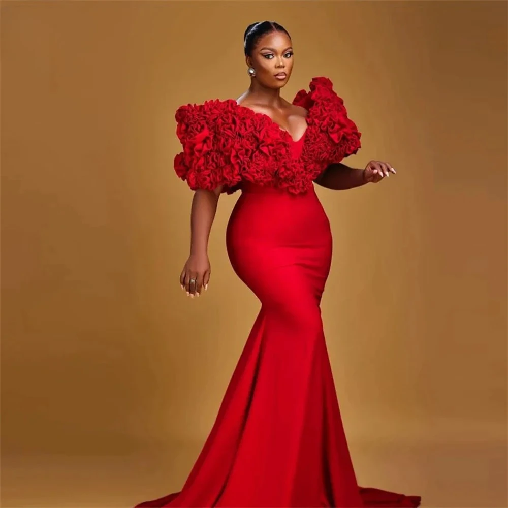 Mode robe de bal rouge col en v plissé fleur sirène longueur de plancher balayage Train robes de soi