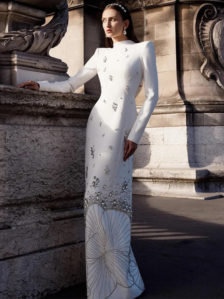 HIGH STREET Nouveauté 2026 Robe longue de créateur pour femme à manches longues, luxueuse, ornée de 