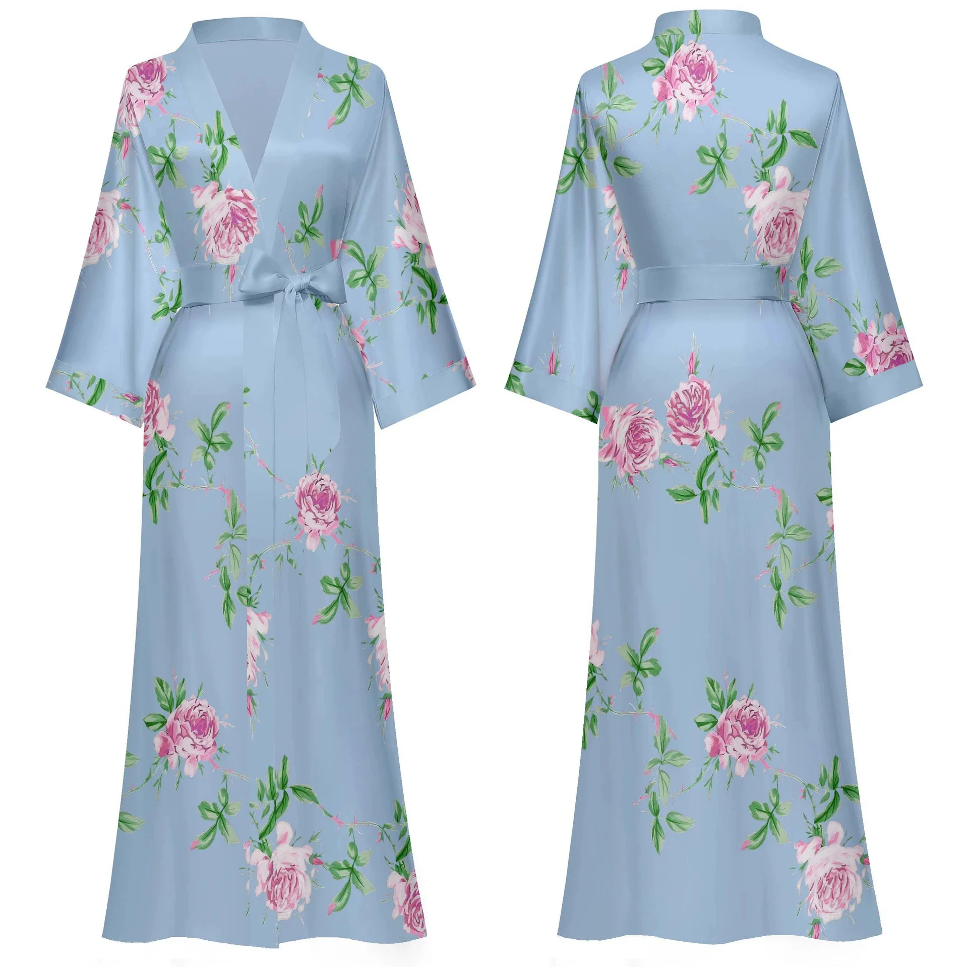 Robe longue en Satin pour femmes, imprimé floral, Kimono, Sexy, Lingerie intime, vêtements De maison