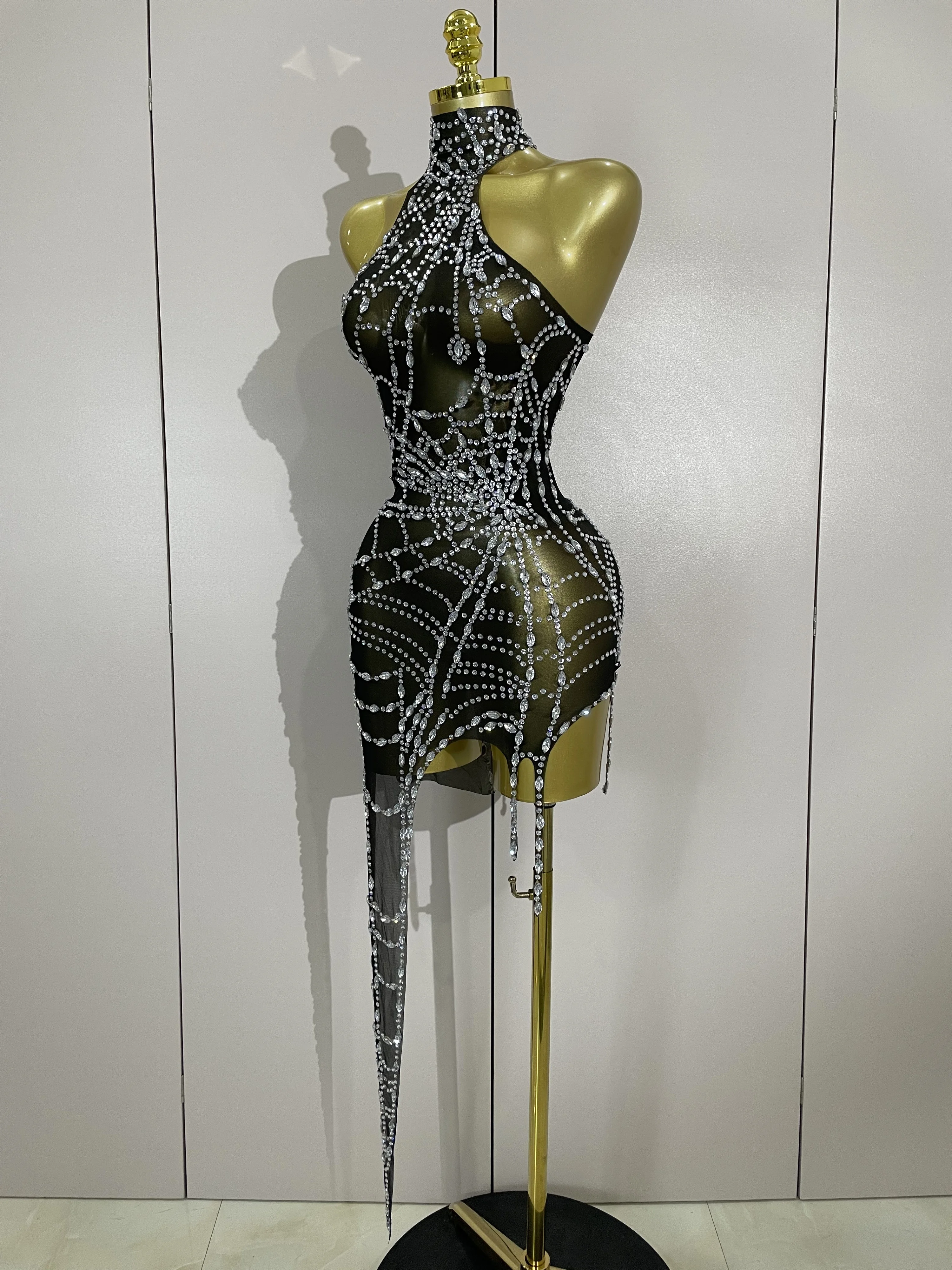 STOCK brillant diamant Sexy maille asymétrique moulante Mini robe femmes discothèque Bar fête specta