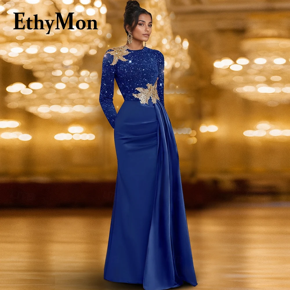 Ethymon Robes de sirène à la mode pour mère de la mariée col rond Satin Bling manches longues Robes 