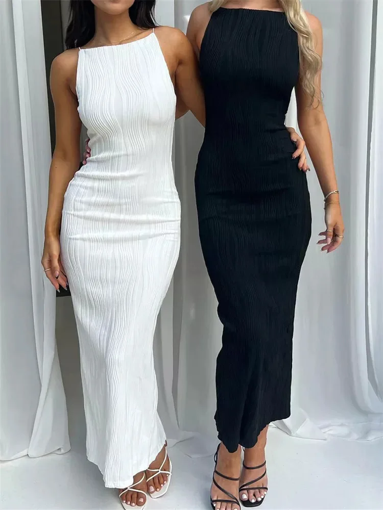 Robe longue froncée sans manches pour femmes, Sexy, Slim, couleur unie, dos fendu, tenue de soirée, 