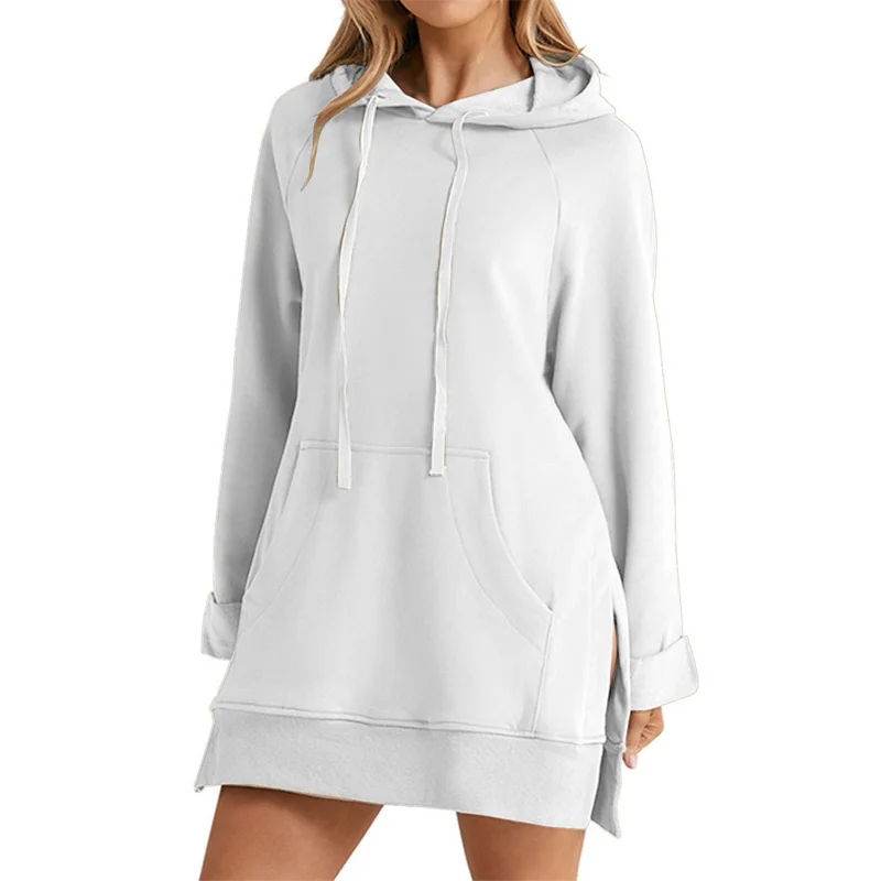 Robe à capuche pour femmes, ourlet fendu, cordon de serrage, ample avec grande poche, pull à capuche