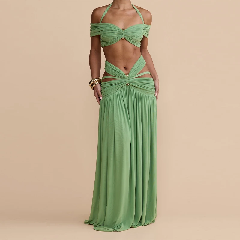 Ensemble deux pièces élégant à sequins floraux pour femme : haut court asymétrique à une épaule + mi