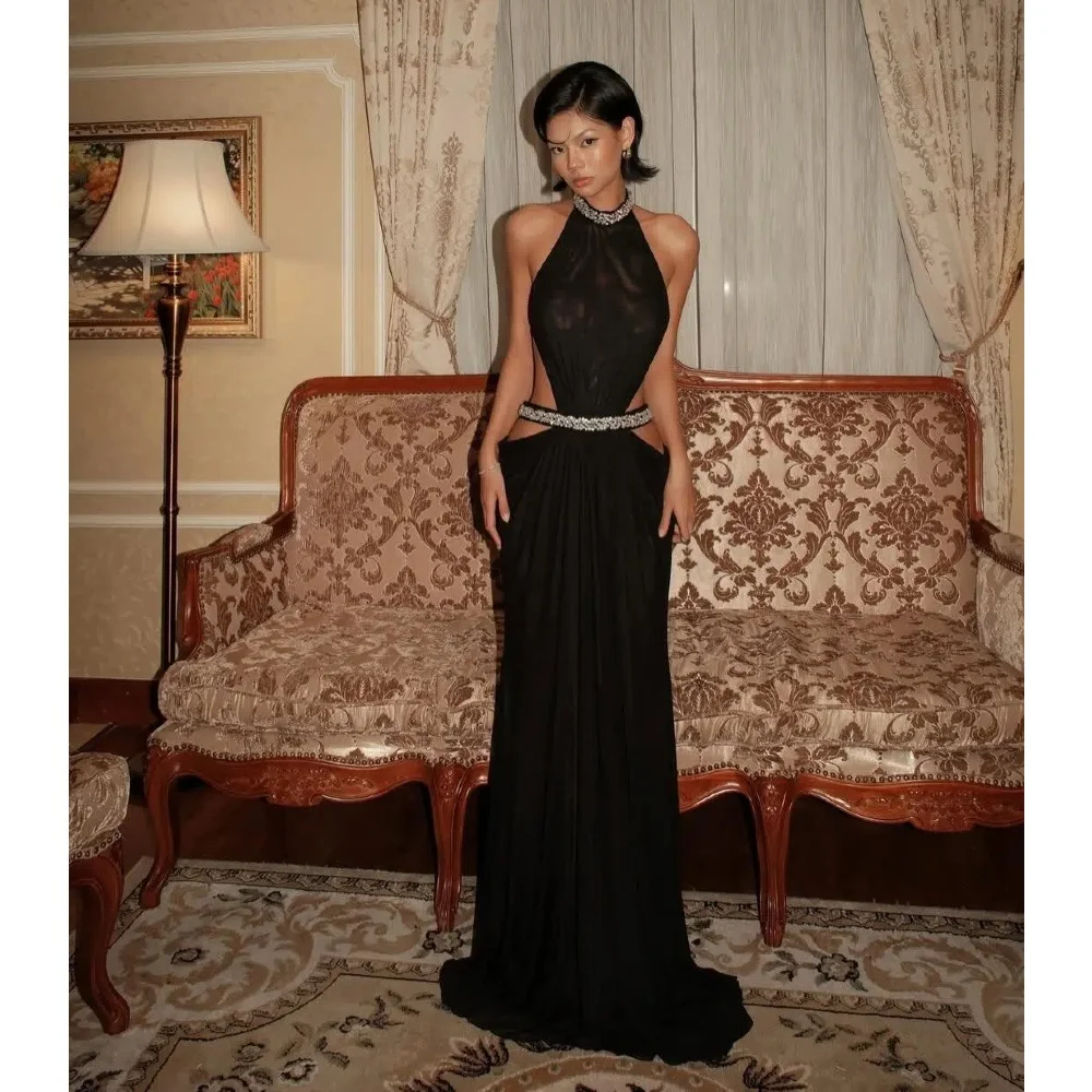 Robes de soirée noires pour femmes, robes de bal à col haut sans manches avec perles scintillantes, 