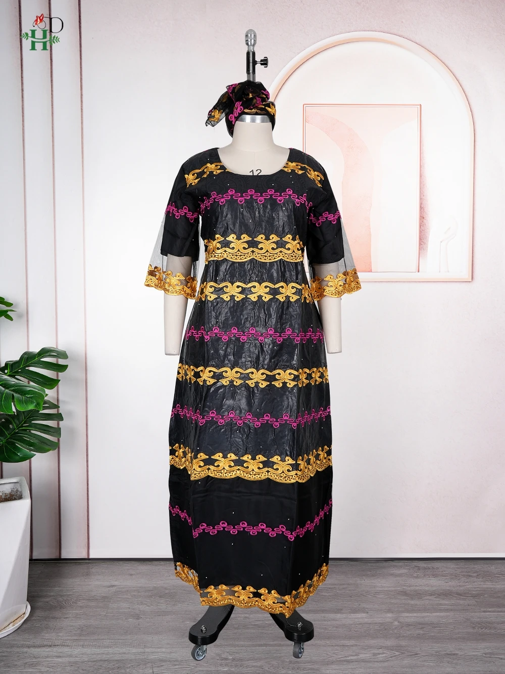 Robes africaines H&D pour femmes, robe brodée Bazin Riche, robe en dentelle patchwork avec turban, r