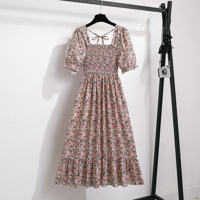 Printemps été robes en mousseline de soie mode femme taille élastique à manches courtes plissée tenu
