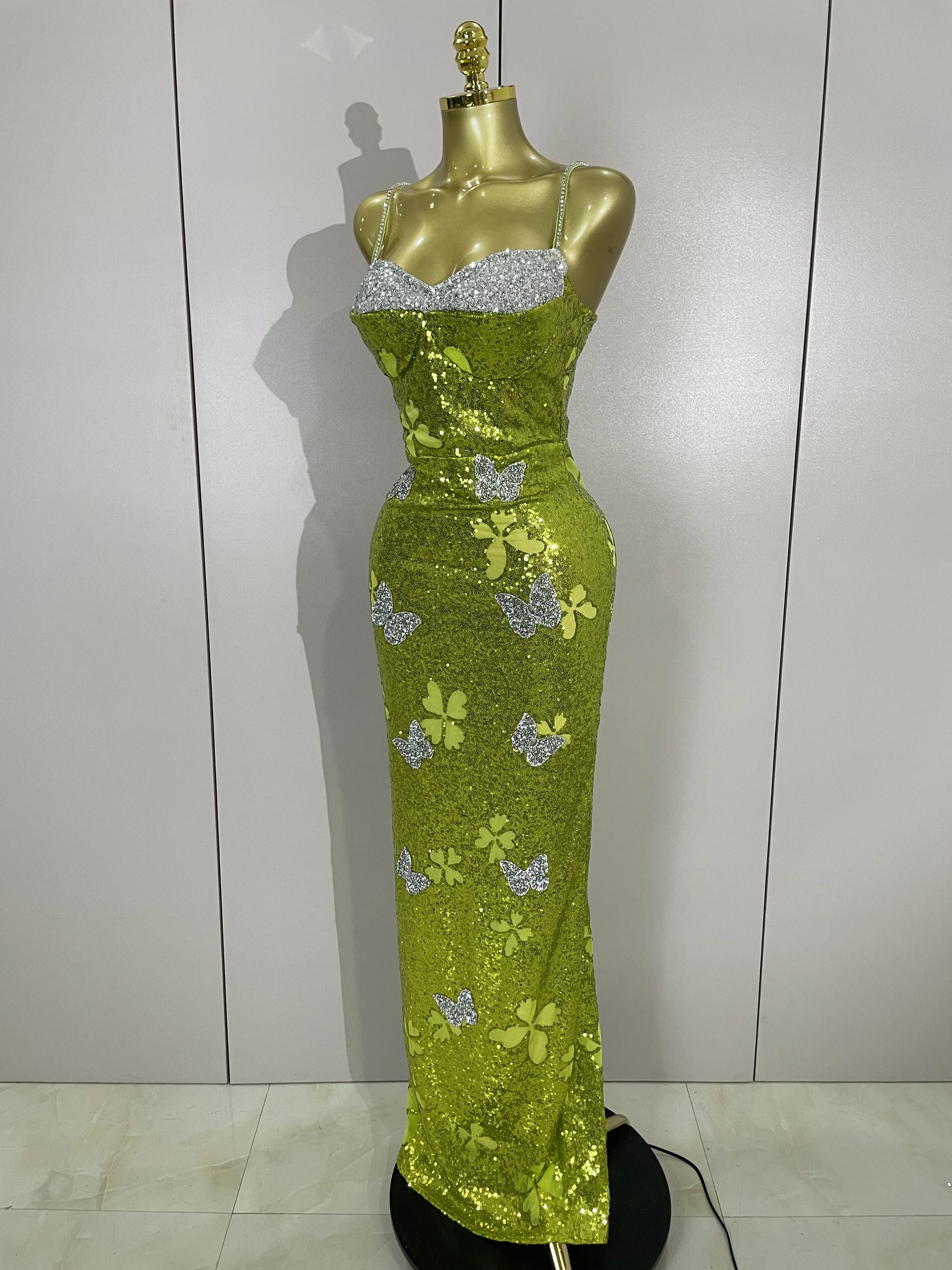 Élégant brillant papillon cristal Sexy licou vert moulante longue robe femmes célébrer soirée fête d